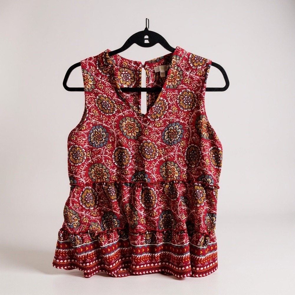 C Lab Sleeveless Tiered Floral V Neck‎ Mock Neck Top Women's Medium Red